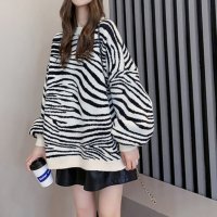 Belle Cie/ベルシー Belle Cie ニット プルオーバー 長袖 セーター レディース ゼブラ ギャル 総柄 厚手 ギャル 柄 秋冬 アニマル 動物 シマウマ モノトー/507146159