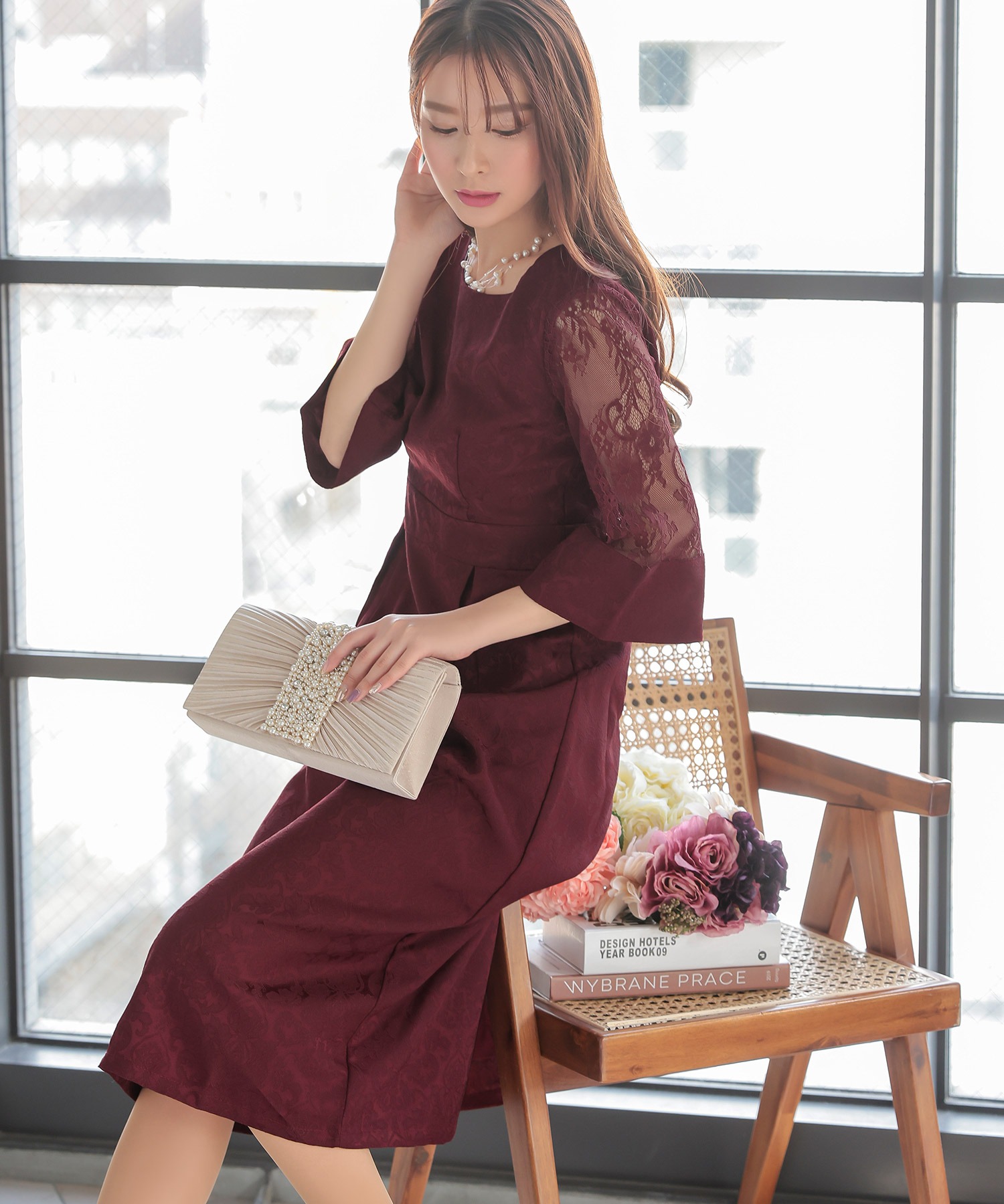 Rose Tiara」 7分袖ワンピース 46 ベージュ レディース（ローズ