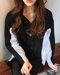 Lily of Valley/リリーオブバリー Lily of Valley ストライプ シャツ ドッキング ニット カーディガン レディース トップス 長袖 ゆったり/507017354