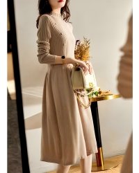 Lily of Valley/リリーオブバリー Lily of Valley パールボタン リブニット フレア ワンピース ハイネック カジュアル 上品 きれいめ 無地/507017544