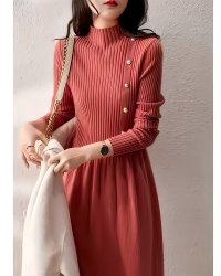 Lily of Valley/リリーオブバリー Lily of Valley パールボタン リブニット フレア ワンピース ハイネック カジュアル 上品 きれいめ 無地/507017544