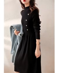 Lily of Valley/リリーオブバリー Lily of Valley パールボタン リブニット フレア ワンピース ハイネック カジュアル 上品 きれいめ 無地/507017544