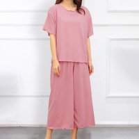 ica/アイカ ica ストレッチ性抜群 薄手リブカットソー 裾メローデザイン 無地 ゆったり半袖Tシャツ＆七分丈ワイドパンツ パジャマ 上下セット/507144091