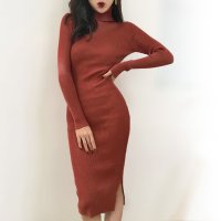 ica/アイカ ica 美しいタイトなシルエット タートルネック膝丈リブニットワンピース タイトワンピース/507144092