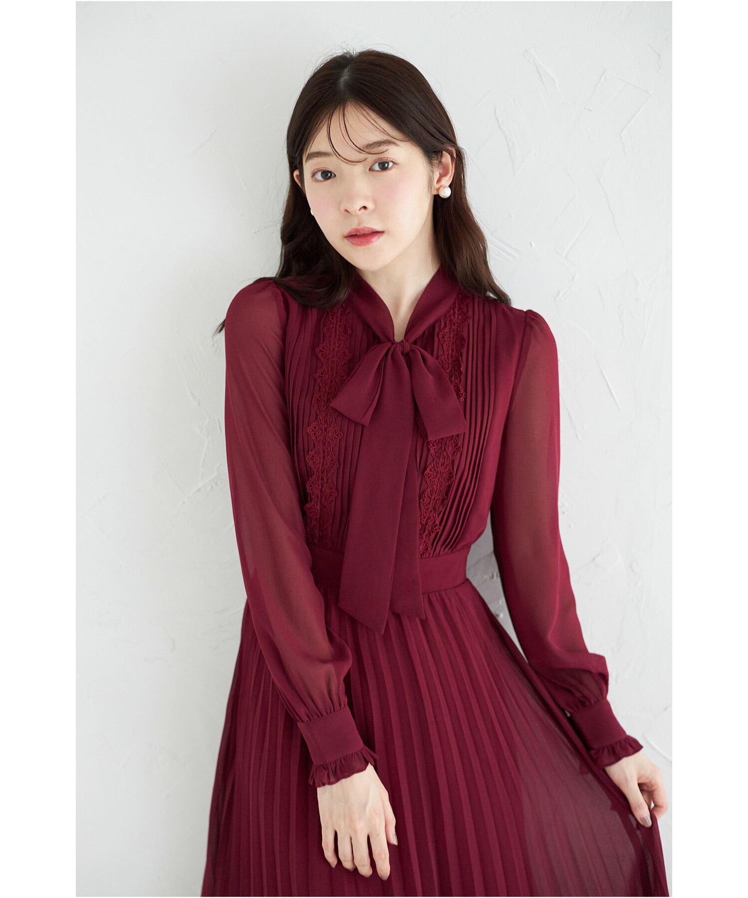 ラインレース×ピンタックボウタイリボン ワンピース tocco closet ラインレース×ピンタックボウタイリボンプリーツワンピース