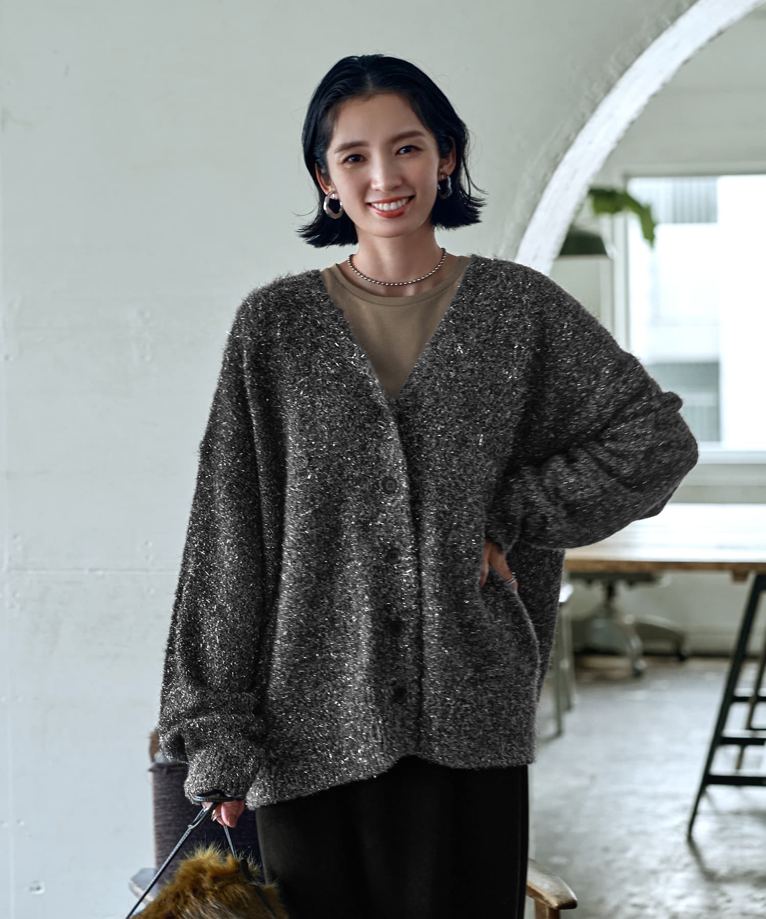 【即日発送】 スタイルデリ STYLE DELI ラメ入りシャギーカーディガン トップス