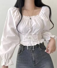 RIFF/リフ Riff スクエアネックトップス レースアップ 長袖 パフスリーブ リボン ショート丈 クロップド丈 カットソー ブラウス プルオーバー トップス 長袖 /507531334