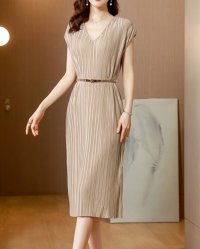 Lily of Valley/リリーオブバリー Lily of Valley Vネック プリーツ ワンピース ロング 膝下 ひざ下 半袖 フォーマル 上品 パーティー/507017888