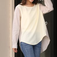 ica/アイカ ica ラウンドヘム ゆったりAライン 布帛ストライプ＆無地カットソー切り替え 長袖Tシャツ シャツブラウス/507143698