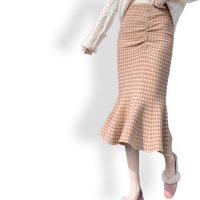 ica/アイカ ica レトロな雰囲気 厚手のストレッチニット素材 無地 or ギンガムチェック柄 ミモレ丈 マーメイドスカート/507144053