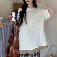 shoppinggo/ショッピングゴー shoppinggo 重ね着風Tシャツ レイヤード 重ね着風カットソー大きめ カジュアル 無地 カットソー サマーTシャツ レディース 切り替/507124240