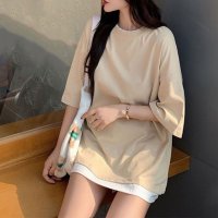 shoppinggo/ショッピングゴー shoppinggo 重ね着風Tシャツ レイヤード 重ね着風カットソー大きめ カジュアル 無地 カットソー サマーTシャツ レディース 切り替/507124240