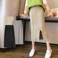 shoppinggo/ショッピングゴー shoppinggo スリット入り ニットスカート レディース 秋冬 スリット ミディアム ひざ丈 ウエストゴム 膝丈 ストレッチ ボタンデザ/507124317
