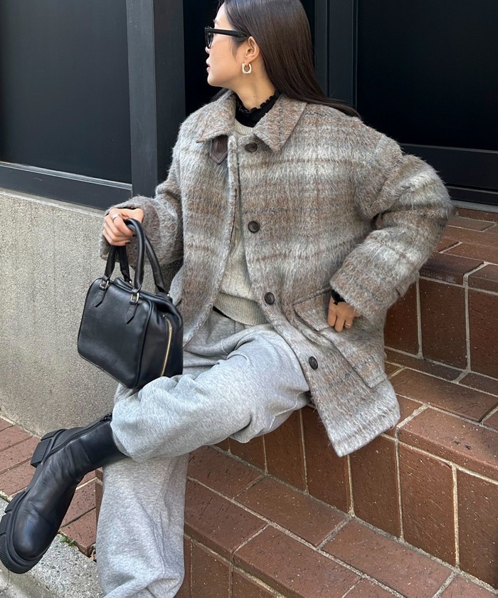 fready emue シャギーチェックステンカラーコート フレディエミュ fredy emue シャギーチェックステンカラーコート
