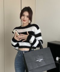 shopnikoniko/ショップニコニコ ShopNikoNiko ショート丈 ボーダー ニットトップス【即納】韓国カジュアル 韓国ガーリー 綺麗め 参戦服 セーター 長袖 プルオーバ/507551556