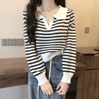 Amulet/アミュレット Amulet ボーダーポロニット レディース 10代 20代 30代 韓国ファッション 春 秋 可愛い 女子会 カジュアル デート おしゃれ 白 /507586225
