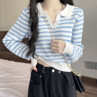 Amulet/アミュレット Amulet ボーダーポロニット レディース 10代 20代 30代 韓国ファッション 春 秋 可愛い 女子会 カジュアル デート おしゃれ 白 /507586225