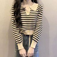 Amulet/アミュレット Amulet ボーダーポロニット レディース 10代 20代 30代 韓国ファッション 春 秋 可愛い 女子会 カジュアル デート おしゃれ 白 /507586225