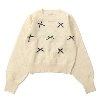 Belle Cie/ベルシー Belle Cie トップス ニット 透かし編み ダイヤ リボン パール フェミニン レディース 韓国ファッション 柄 コンパクト ショート丈 長袖 /507597420