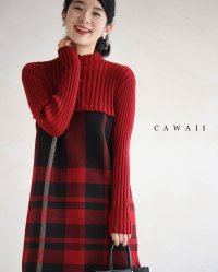CAWAII/カワイイ CAWAII 切り替えチェックのリブニットチュニックトップス/507601240
