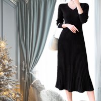 ica/アイカ ica ニットワンピース Aラインワンピース ミモレワンピース ロングワンピース リブニット Vネック ロングスリーブ フレア ミモレ丈 ロング丈 レデ/507605390
