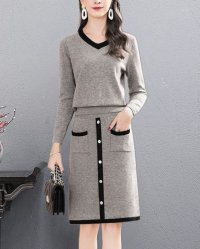 Lily of Valley/リリーオブバリー Lily of Valley バイカラー Vネック ニット セットアップ 上品 きれいめ ツーピース 長袖 膝丈 タイト/507017361