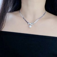 shoppinggo/ショッピングゴー shoppinggo チェーンチョーカー リボン パール チェーンネックレス 調節可 シンプル デイリー パール 太幅 大人っぽい 女性 レデ/507628399