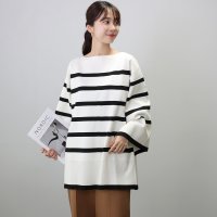 Aletta vita/アレッタ ヴィータ Aletta vita 総針編みボートネックボーダーゆるニットプルオーバー/507628867