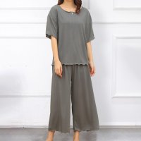 ica/アイカ ica ストレッチ性抜群 薄手リブカットソー 裾メローデザイン 無地 ゆったり半袖Tシャツ＆七分丈ワイドパンツ パジャマ 上下セット/507144091