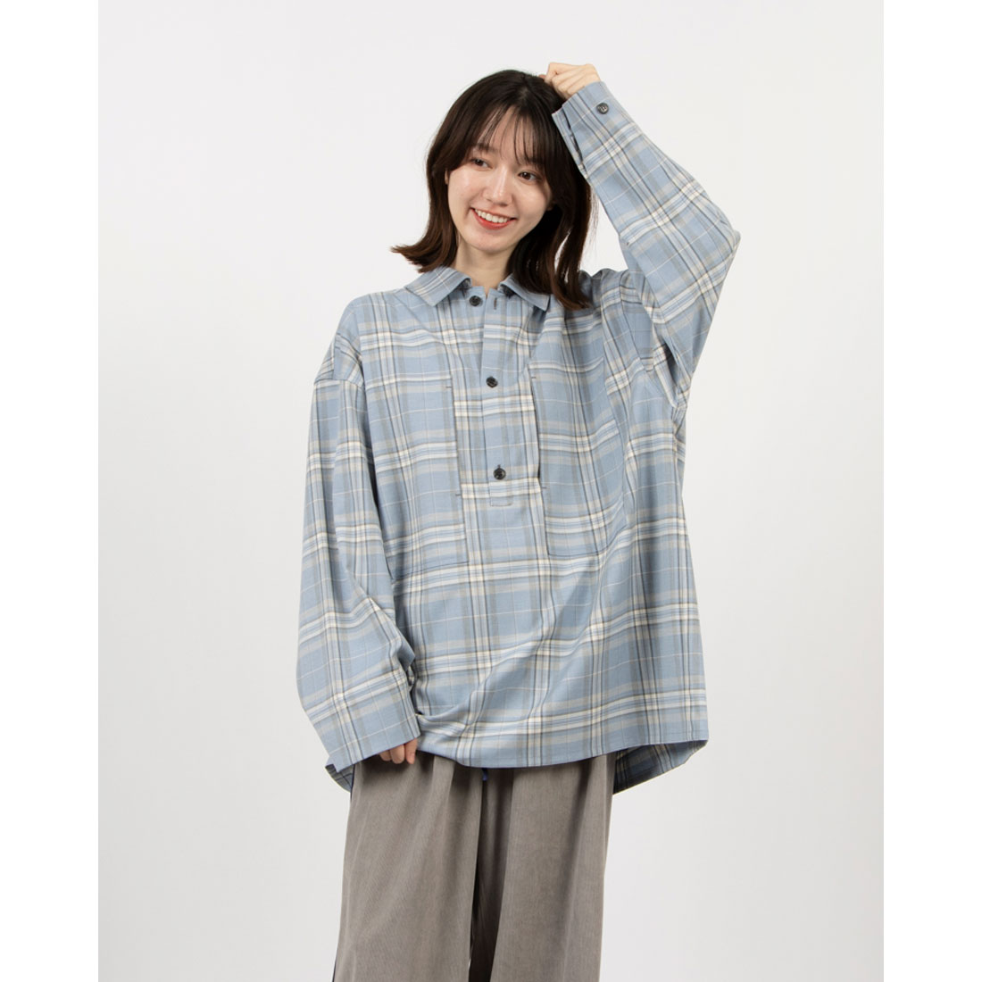 新品　CLANE CHECK POCKET OVER SHIRT サイズ1 クラネ CLANE CHECK POCKET OVER SHIRT （NAVY） -ファッション