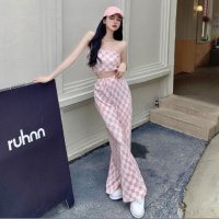 Belle Cie/ベルシー Belle Cie カットプリーツ セットアップ カジュアル セクシー 肌みせ クール チェッカーズフラッグ柄 韓国ファッション ピンク ブルー 上下/507652906