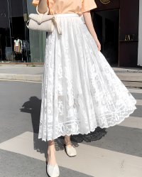 Lily of Valley/リリーオブバリー Lily of Valley 総レース フレア ロングスカート ボトムス 無地 ふんわり 上品 清楚 Aライン カジュアル/507017430