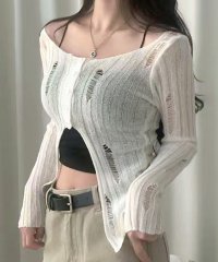 RIFF/リフ Riff 前ボタンダメージニット カーディガン ニットカーデ クロップド丈 セーター カットソー ブラウス トップス 長袖 無地/507531336
