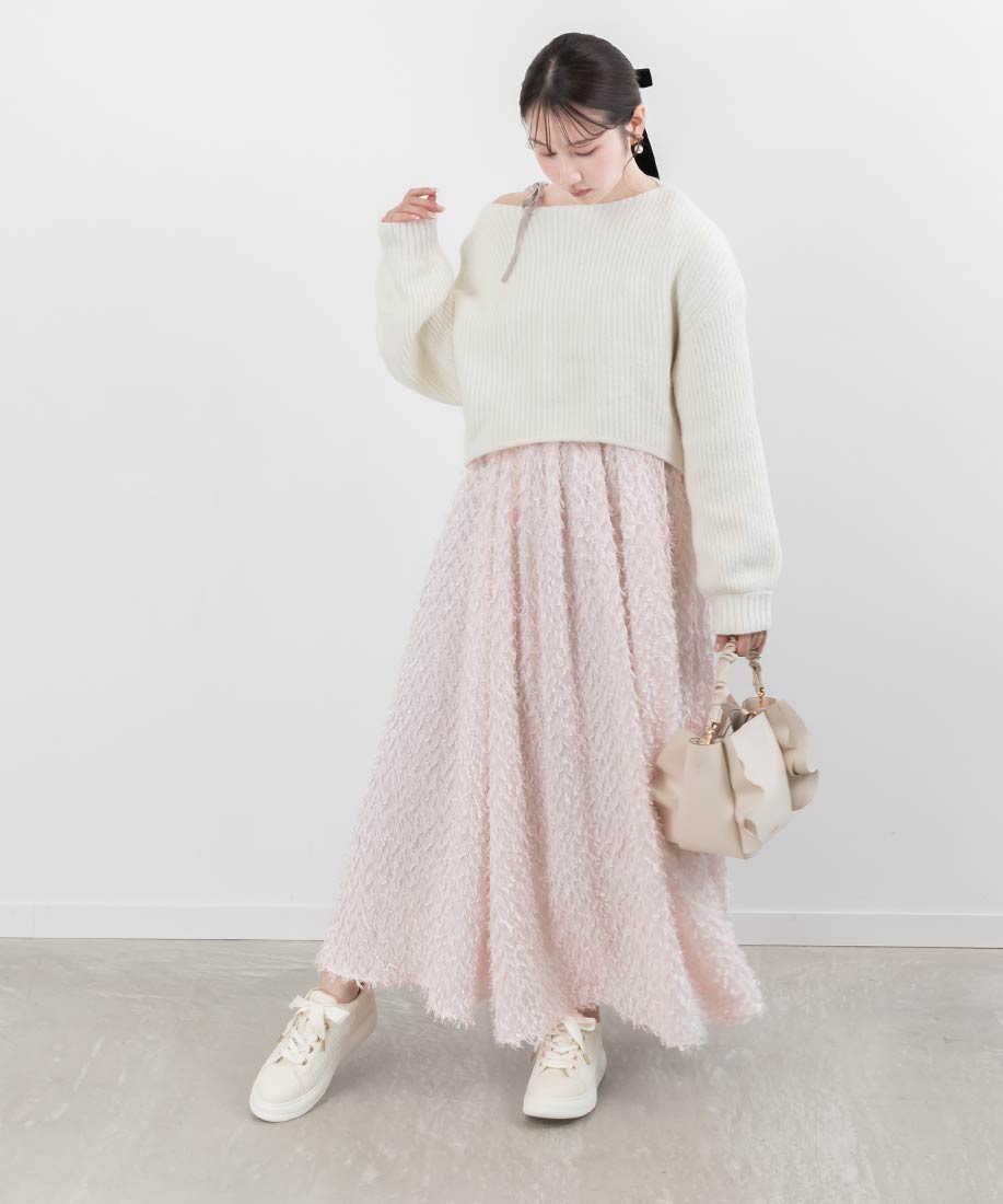 ランダ RANDA クロップド丈ニット＆シャギーキャミワンピースセット （BLACK） セール】クロップド丈ニット＆シャギーキャミワンピースセット
