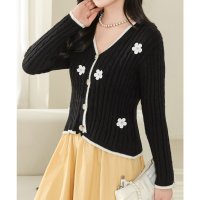 Lace Ladies/レースレディース Lace Ladies 花モチーフ付き Vネック リブ ニット カーディガン/507700157