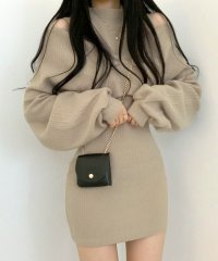 RIFF/リフ Riff [2点セット] ハイネックノースリーブワンピース+オフショルダーショートニット レイヤード リブニット リブ編み ショート丈ワンピース ミニワン/507708434