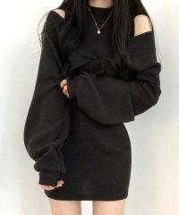 RIFF/リフ Riff [2点セット] ハイネックノースリーブワンピース+オフショルダーショートニット レイヤード リブニット リブ編み ショート丈ワンピース ミニワン/507708434