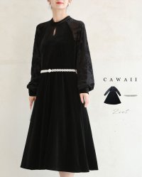 CAWAII/カワイイ CAWAII 腕に浮かぶ黒花のベロア調ミディアムワンピース（パールベルト付き）/507734628