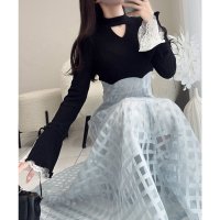 Classical Elf/クラシカルエルフ Classical Elf 【mily bilet】気分上がる美シルエット♪袖レースリブニットドッキングワンピース/507741395