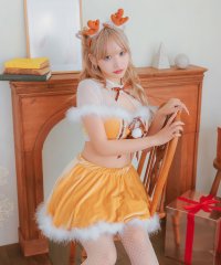 Tika/ティカ Tika サンタコス 4点set シアー切り替えレースアップリボンへそ出しセパレートフレアスカートふわふわフェザートナカイアニマルサンタコスプレ/507743974