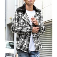 LUXSTYLE/ラグスタイル LUXSTYLE Bernings Sho(バーニングショー)チェック柄ファー付きハーフコート/ハーフ丈 ハーフコート ピーコート ファー付き 取/507790331