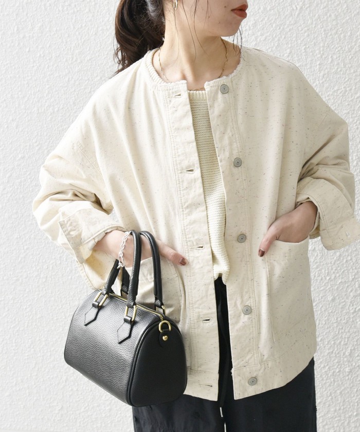 シップスエニィ　ノーカラージャケット SHIPS any: ノーカラー ネップ ブルゾン［SHIPS any DENIM