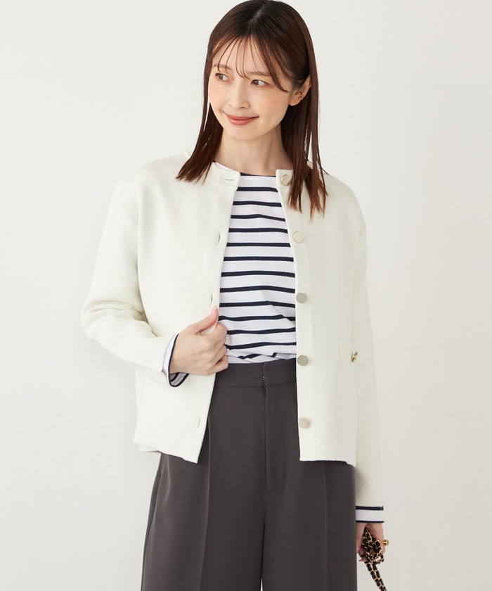 SHIPS シップス ウール　ダブルフェイス　ノーカラーコート　ホワイト　38 SHIPS Primary Navy Label:ウールダブルフェイスノーカラー