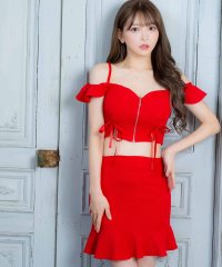 Tika/ティカ Tika キャバドレス 肩あきフロントジップリボンストレッチ裾フリルセットアップタイトミニドレス (Sサイズ～XLサイズ)/507815937