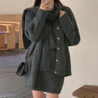shoppinggo/ショッピングゴー shoppinggo ニット セットアップ 上下4点セット スカート 長袖 カーディガン 半袖 トップス マフラー ラウンドネック 襟 袖口 /507819799