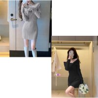 And Kawaii/アンドカワイイ And Kawaii ミニワンピ ニットワンピース タイトワンピース ハイウエスト 長袖 無地 韓国風/507845203