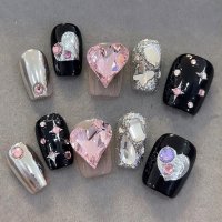 shoppinggo/ショッピングゴー shoppinggo ネイルチップ ショート きらきら ブライダル ハート ピンク ブラック つけ爪 ネイルアート アートチップ デコチップ /507857429