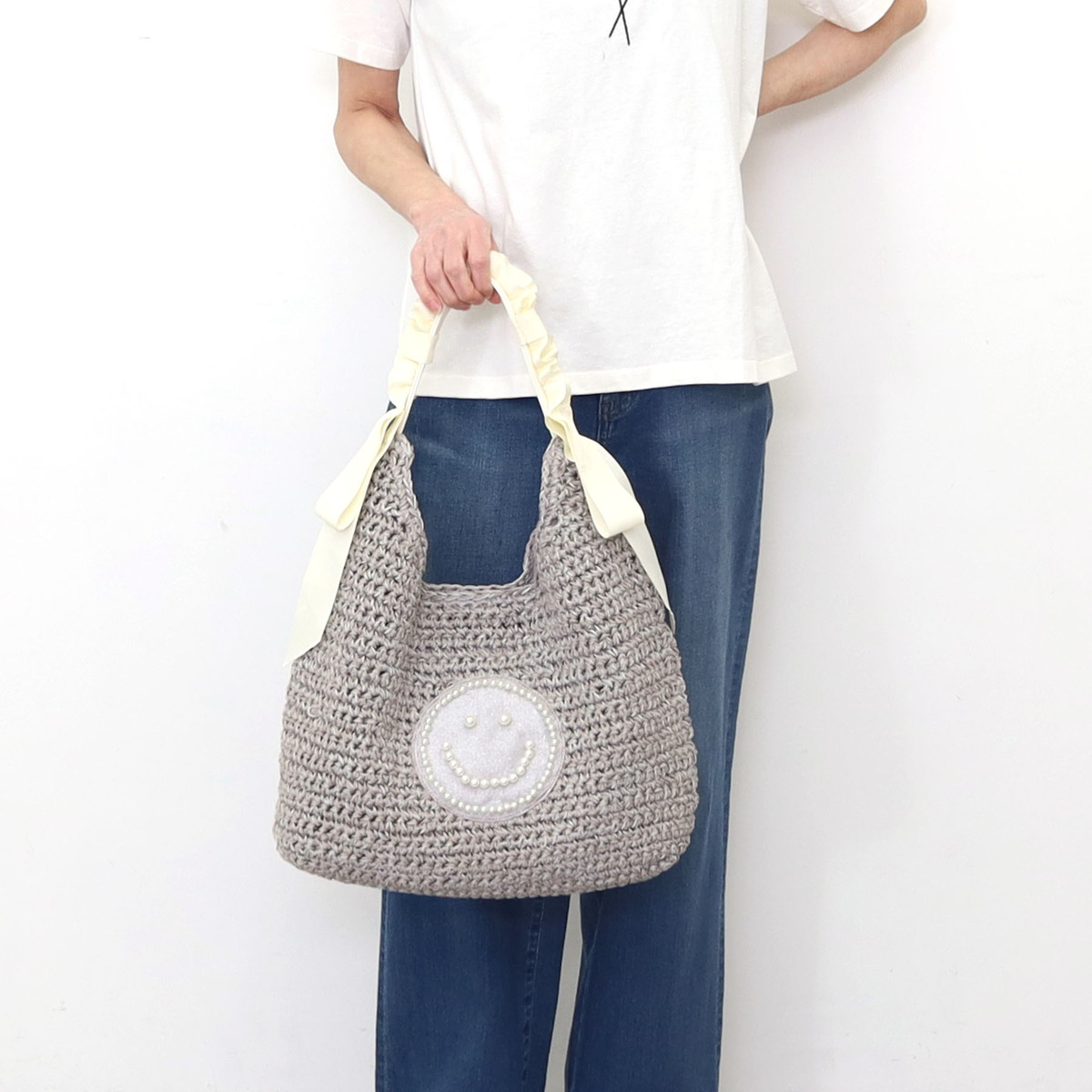 クーコ COOCO SMILEY パール刺繍フリルハンドルペーパーカゴ クーコ COOCO SMILEY パール刺繍フリルハンドルペーパーカゴ