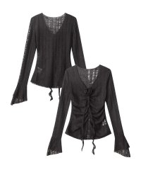 HOOK/フック HOOK 【HOOK】for girls コサジュ付きシャーリング透かしトップス/507857738