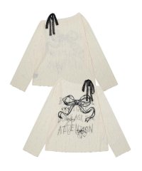 HOOK/フック HOOK 【HOOK】for girls リボンプリントオープンショルダーダメージトップス/507857749